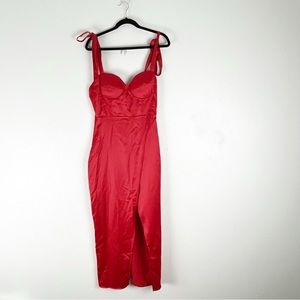 MICHEL LAPERLE Red Tie Shoulder Straps Front Split Back Lace Up Dress, Size 4